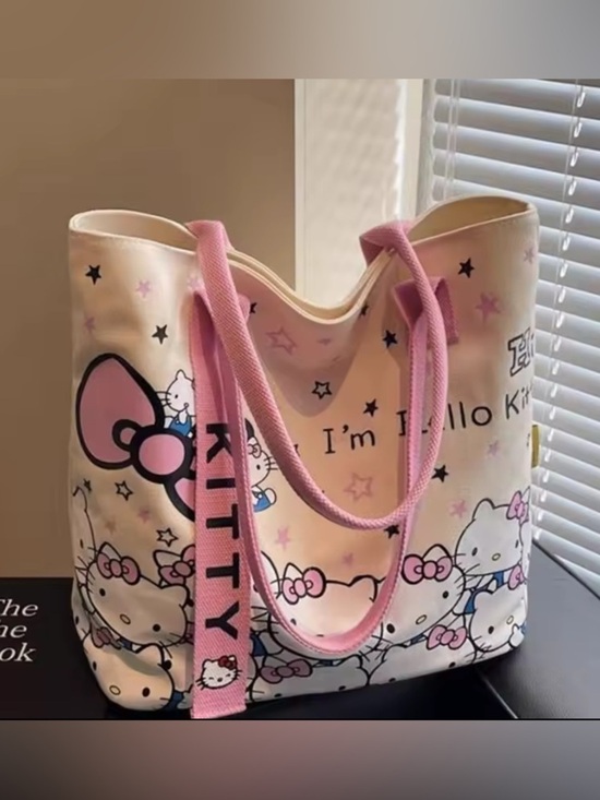 Hello Kitty Handbags - Hello Kitty Pink and White Tote Bag with Character Print